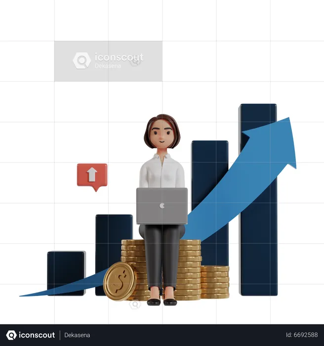 Business Woman With Laptop Sitting On Pile Of Coins Watching Income Growth  3D Illustration