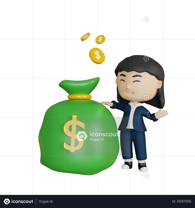 Business woman with money bag  3D Illustration