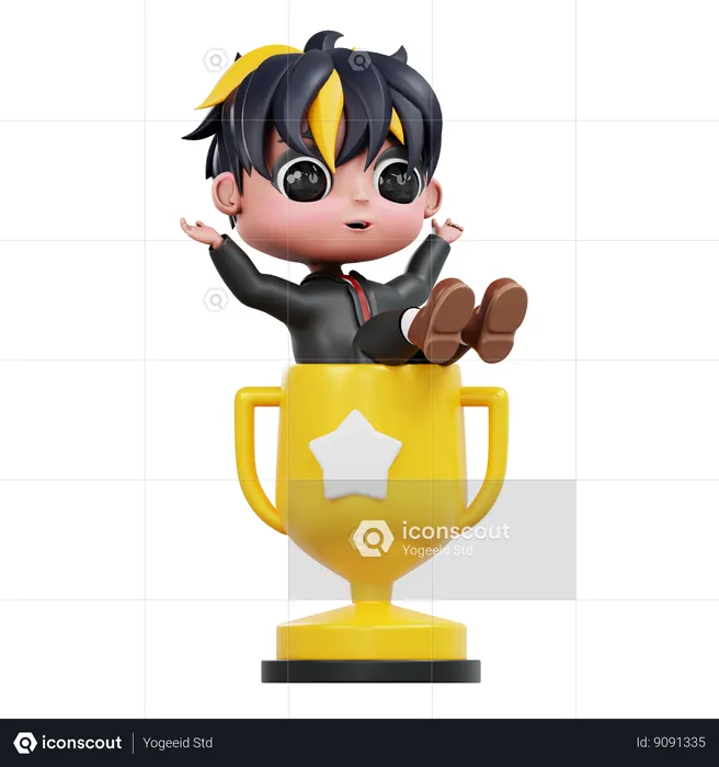 Businessman Achieves Business Trophy  3D Illustration