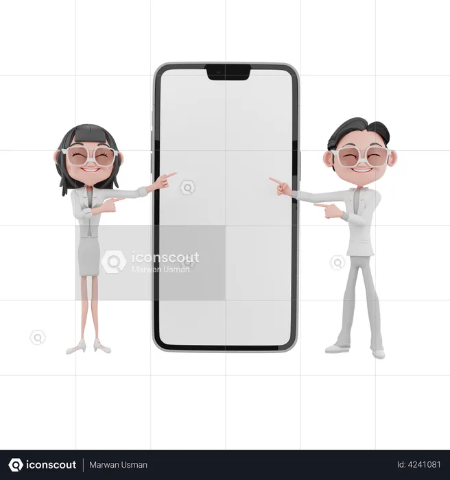 Businessman and businesswomen showing blank mobile screen  3D Illustration