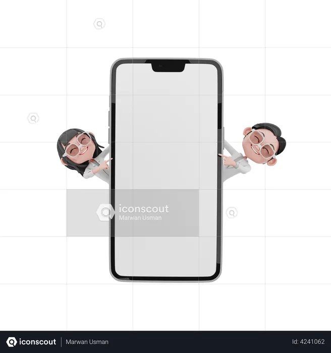 Businessman and woman standing behind mobile  3D Illustration