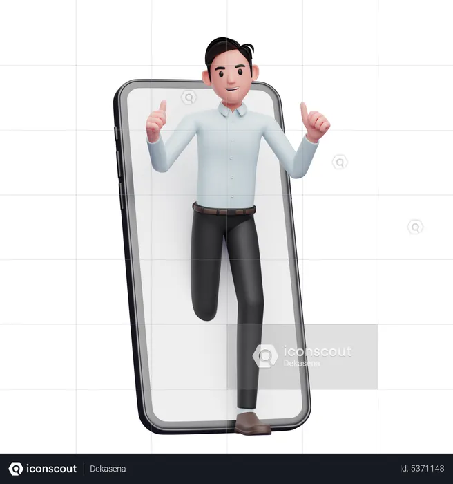 Businessman appears from inside the phone screen while giving a thumbs up  3D Illustration