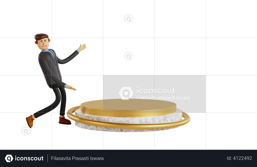 Businessman beside a podium presenting a product  3D Illustration