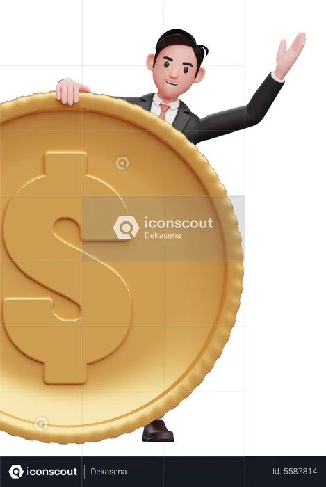 Businessman black formal suit Peek behind the big coin  3D Illustration