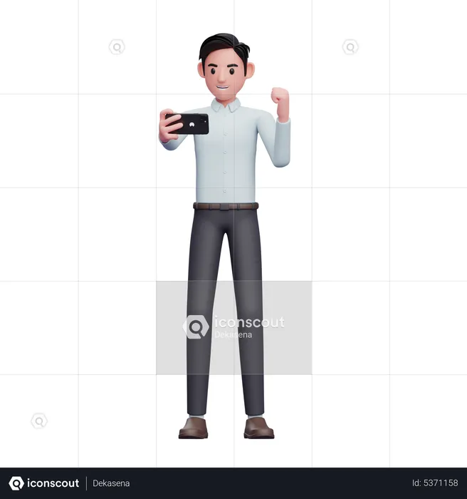 Businessman celebrating while looking at the phone screen  3D Illustration
