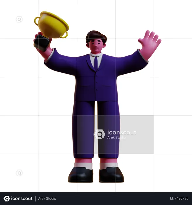 Businessman Celebrating With Trophy  3D Illustration