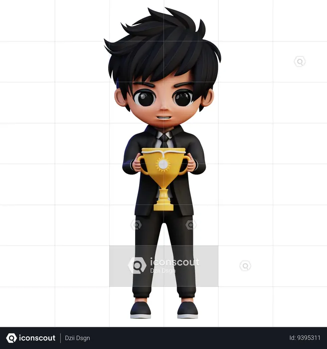 Businessman Character Hold Trophy  3D Illustration
