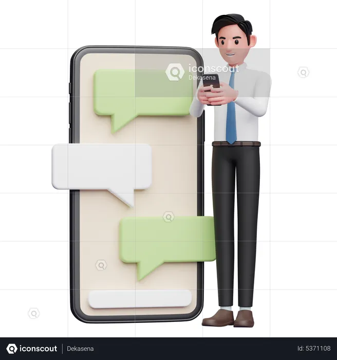 Businessman chatting with big phone and chat bubble ornament  3D Illustration