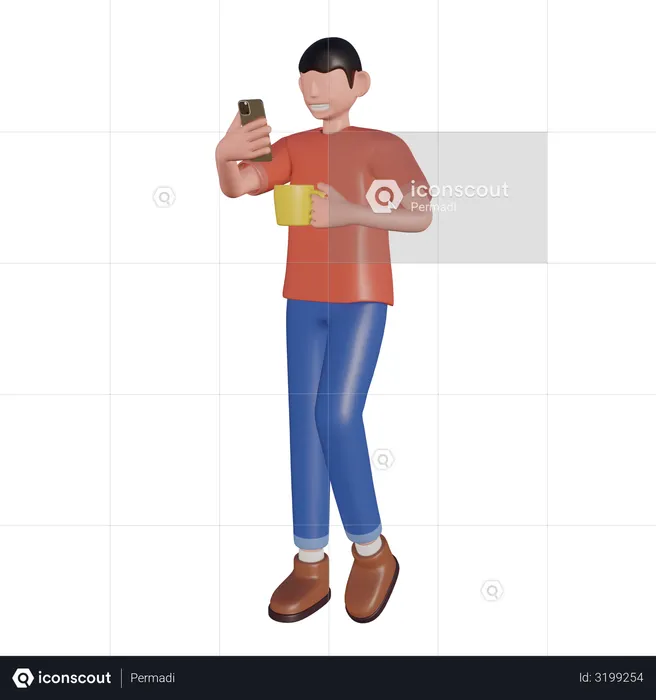 Businessman checking his phone while drinking tea  3D Illustration