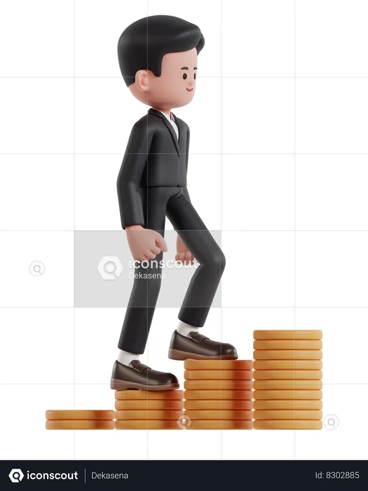 Businessman climbing up on chart of dollar coins  3D Illustration