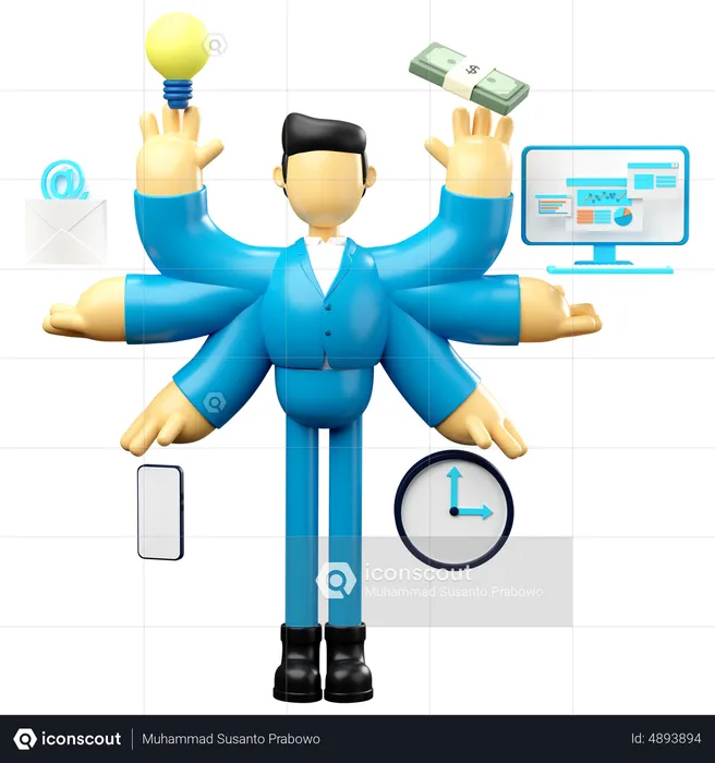 Businessman doing multitasking work and time management  3D Illustration