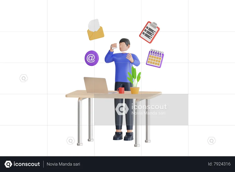 Businessman Doing Multitasking Work At Workplace  3D Illustration