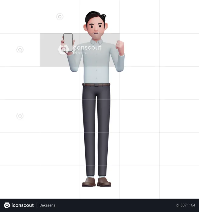 Businessman Doing Winning Gesture while showing phone screen  3D Illustration