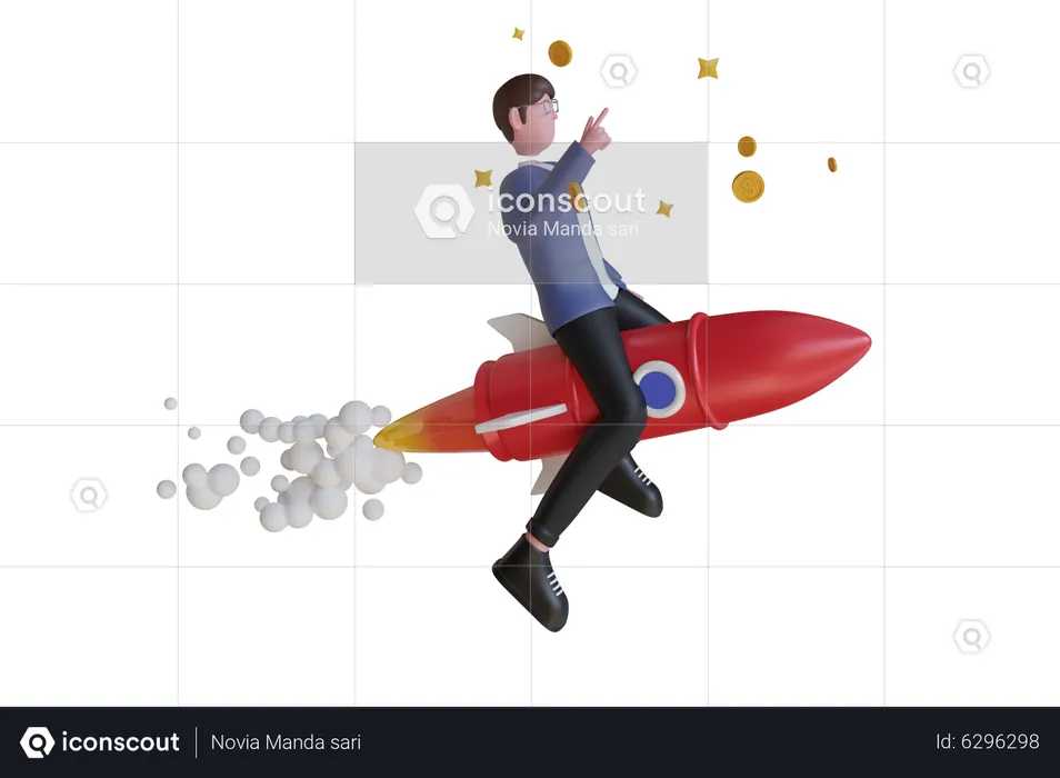 Businessman Flying with a Rocket to Successful  3D Illustration