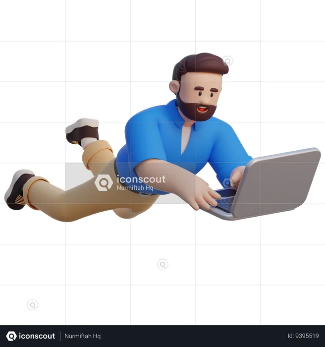 Businessman Flying With Laptop  3D Illustration