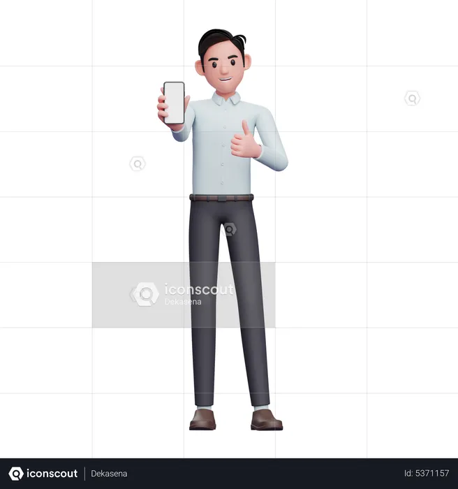Businessman give thumbs up and showing smartphone screen  3D Illustration
