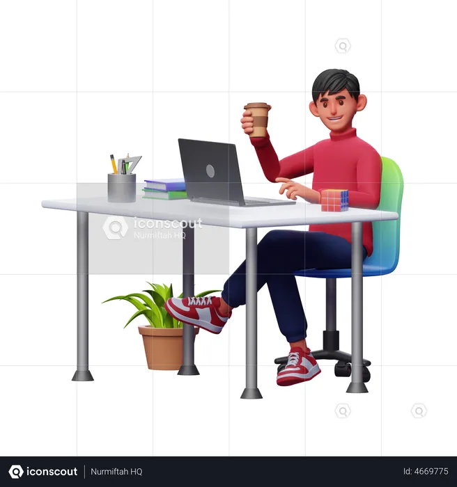 Businessman Having Coffee on Workspace  3D Illustration