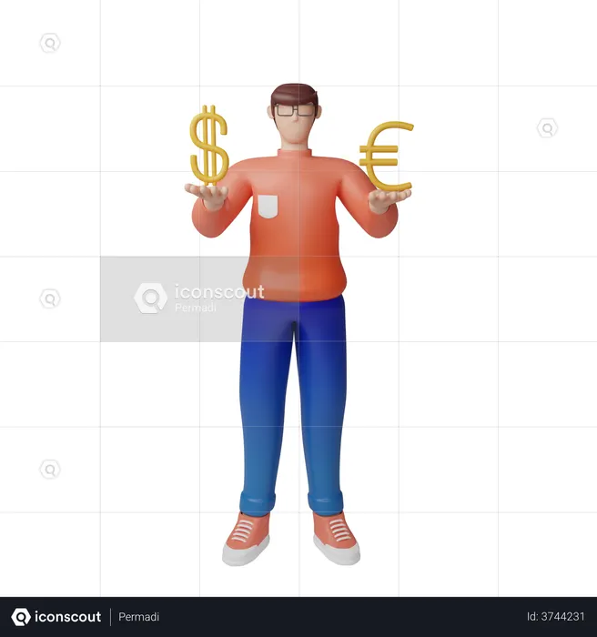 Businessman having dollar and pound investments  3D Icon