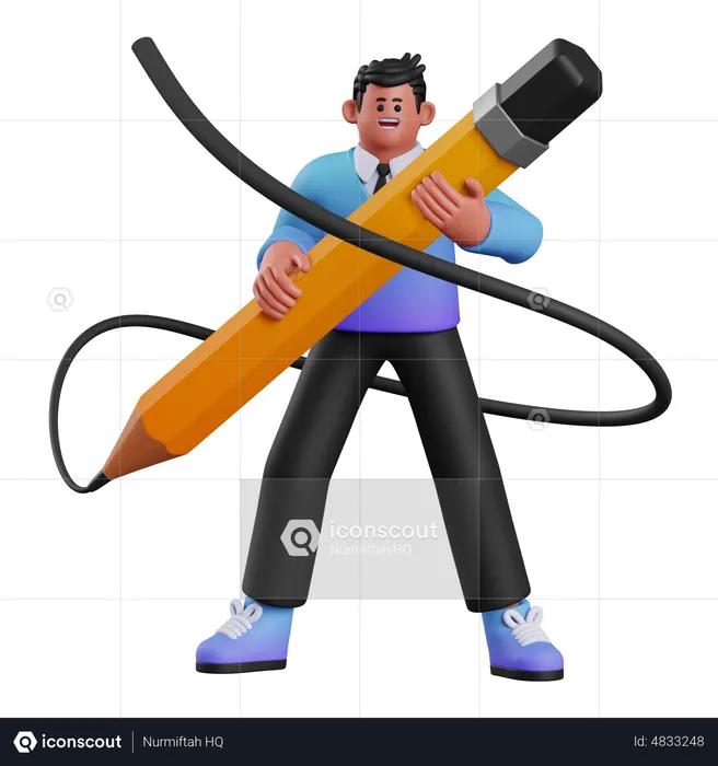 Businessman Hold Big Pencil  3D Illustration