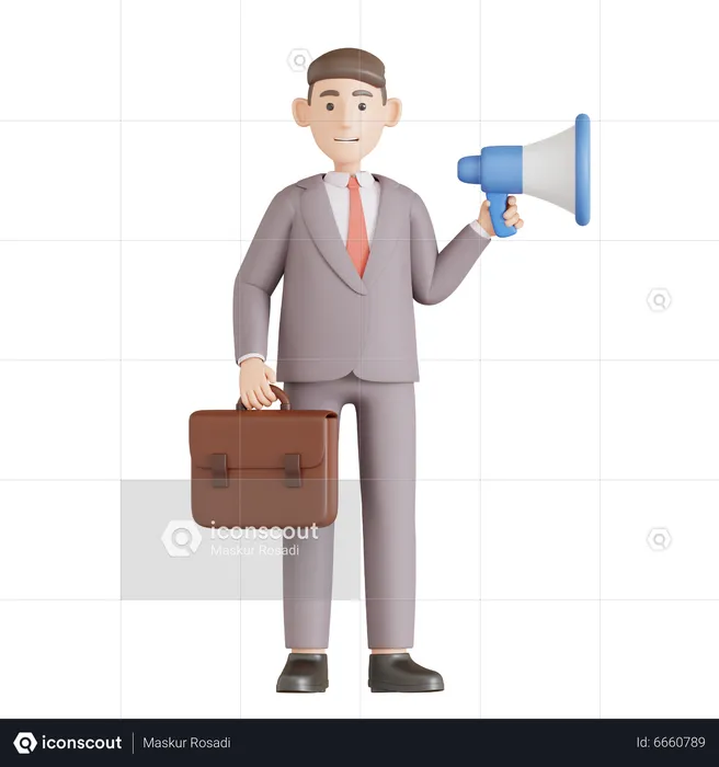 Businessman Hold Briefcase and Megaphone  3D Illustration
