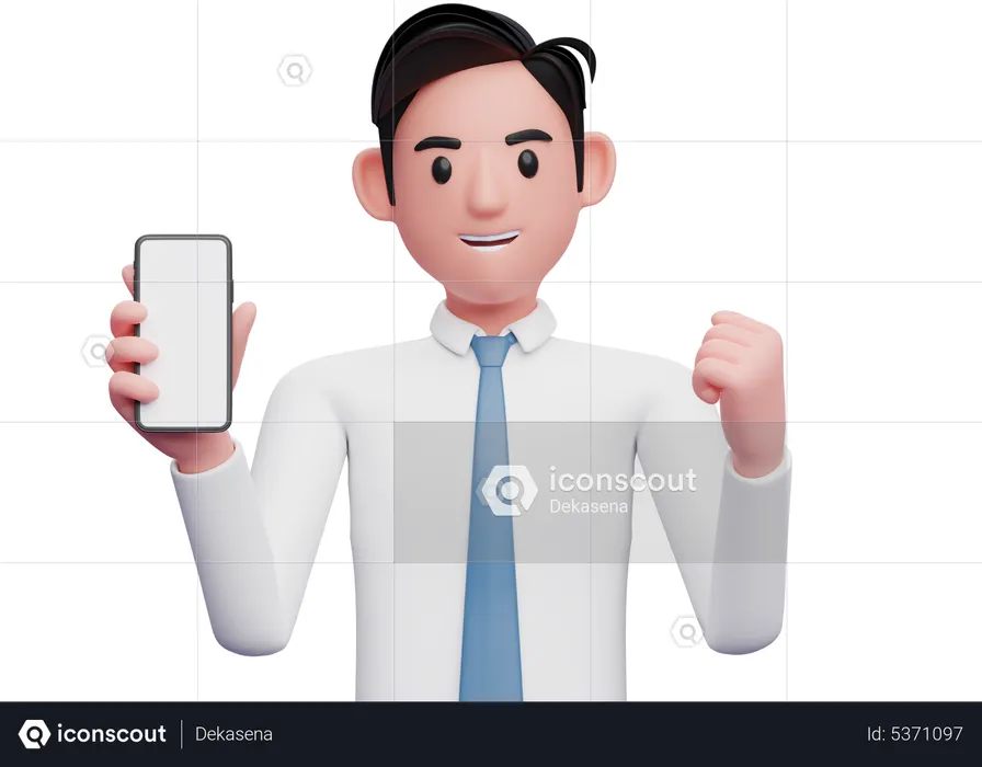 Businessman holding a cell phone while celebrating clenching his fist  3D Illustration