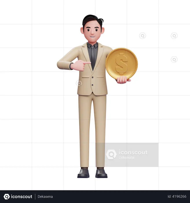 Businessman holding a coin and pointing it  3D Illustration