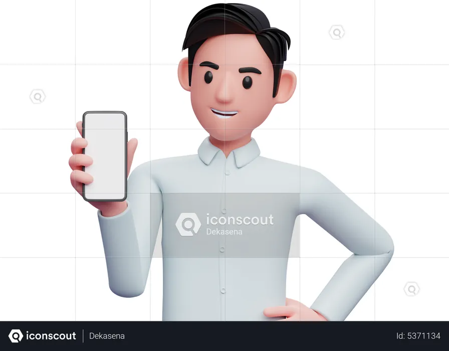 Businessman holding and looking phone with left hand on waist  3D Illustration