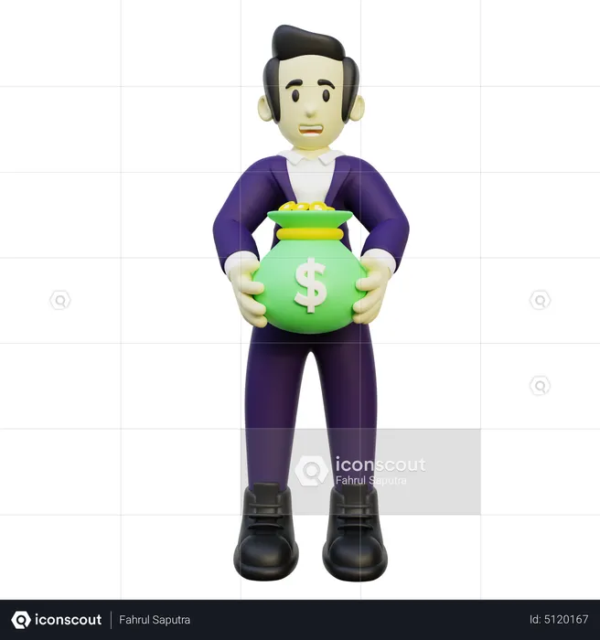 Businessman Holding Bag Of Money  3D Illustration