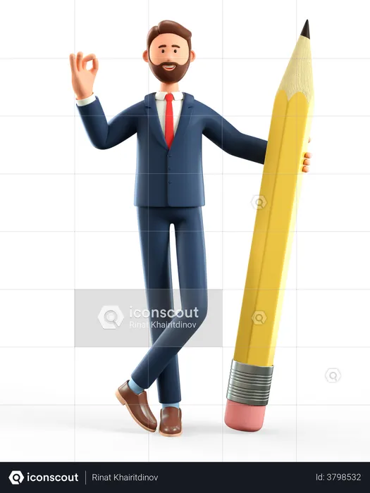 Businessman holding big pencil and showing ok gesture  3D Illustration