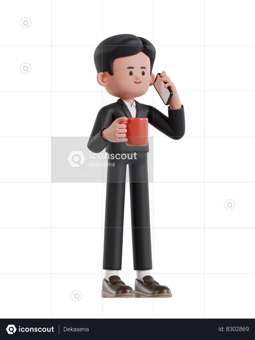 Businessman holding coffee cup and talking on cell phone  3D Illustration