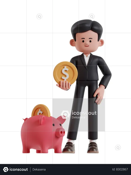 Businessman holding coins is saving in piggy bank  3D Illustration