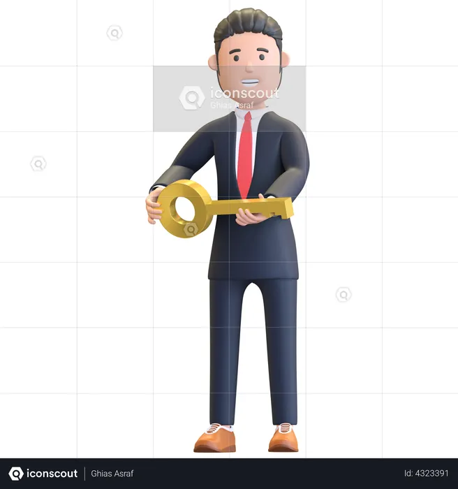 Businessman holding key to success  3D Illustration