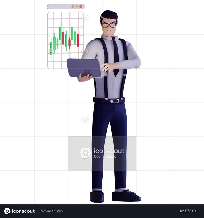 Businessman holding laptop and doing market analysis  3D Illustration