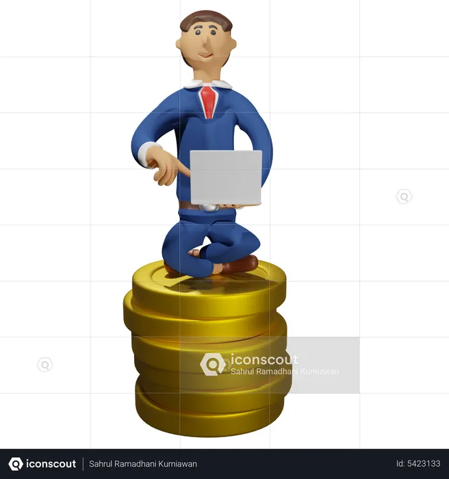 Businessman holding laptop sitting on coins  3D Illustration