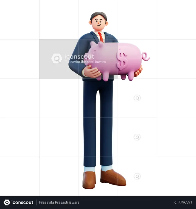 Businessman Holding Piggy Bank  3D Illustration