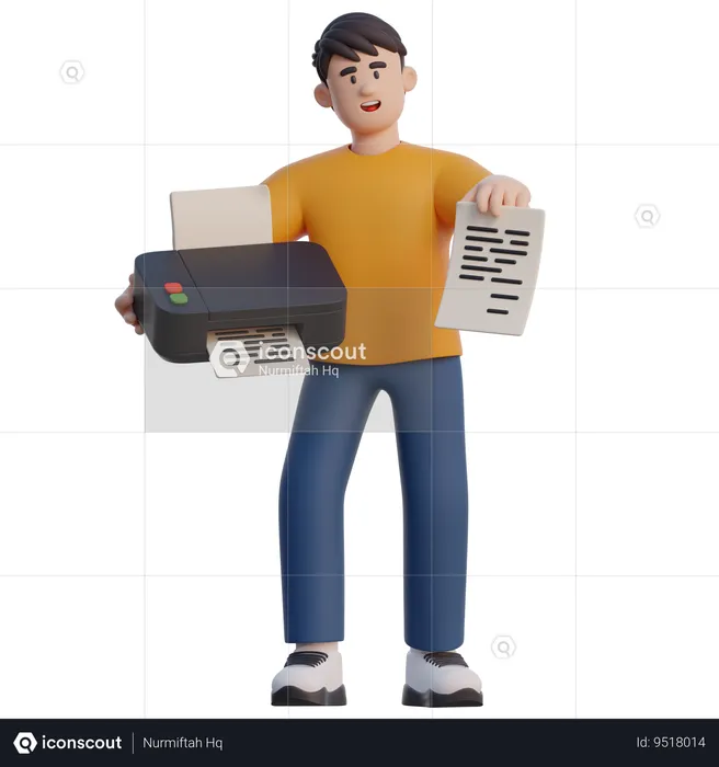 Businessman Holding Printer And Paper  3D Illustration
