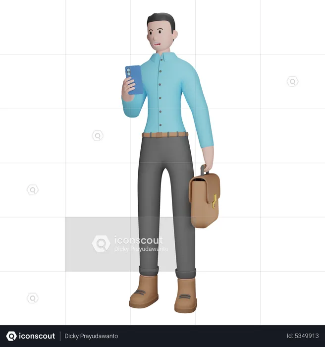 Businessman Holding Smartphone And Briefcase  3D Illustration