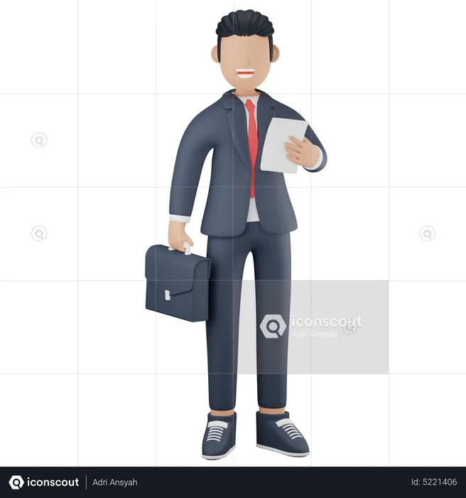 Businessman holding suitcase and paper  3D Illustration