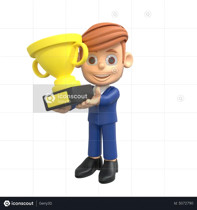 Businessman Holding Trophy  3D Illustration