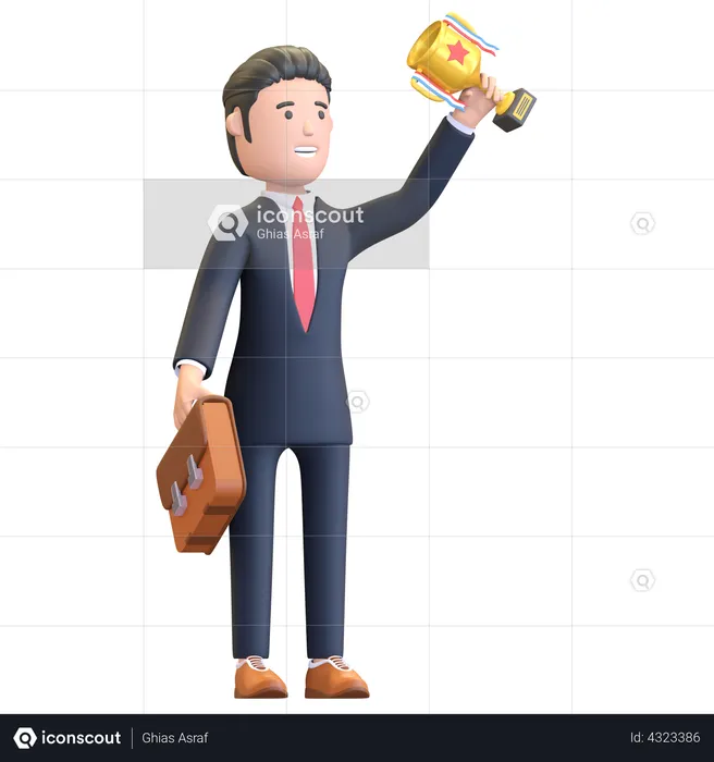Businessman holding trophy achievement  3D Illustration