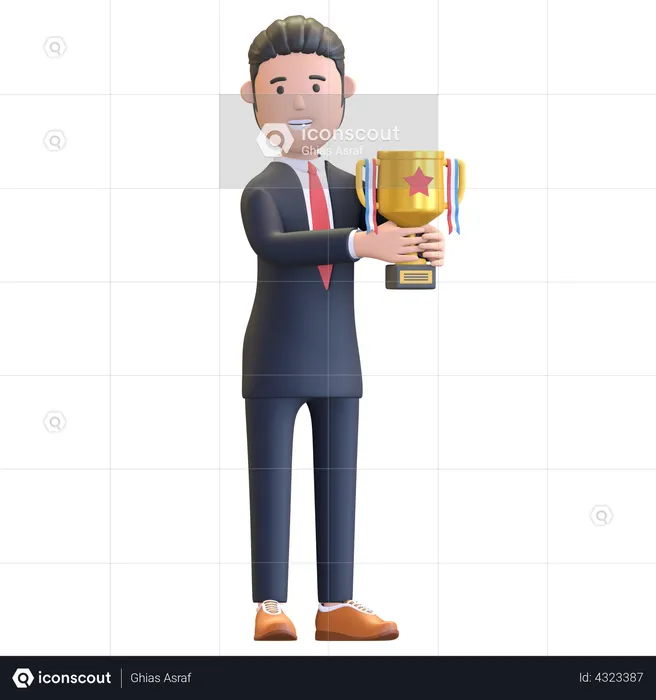 Businessman holding trophy success achievement  3D Illustration