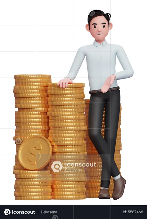 Businessman in a blue shirt standing with crossed legs and leaning on pile of coins  3D Illustration