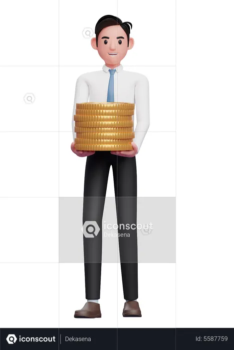 Businessman in a white shirt blue tie carry piles of gold coins  3D Illustration