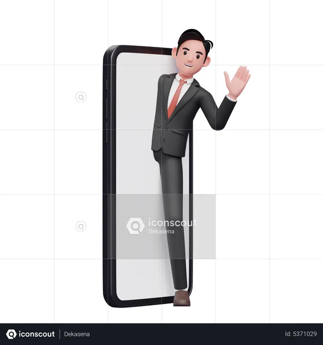 Businessman in black formal suit appears from the phone screen and says hi waving hand  3D Illustration