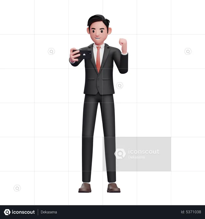 Businessman in black formal suit celebrating while looking at the phone screen  3D Illustration