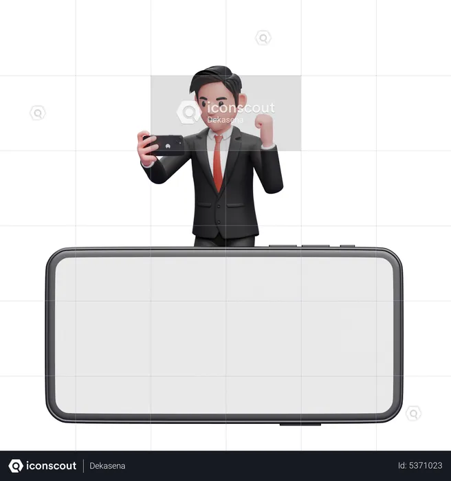 Businessman in black formal suit celebrating while looking phone screen behind big phone landscape screen  3D Illustration