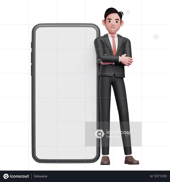 Businessman in black formal suit crosses arms and leans on mobile phone with big white screen  3D Illustration