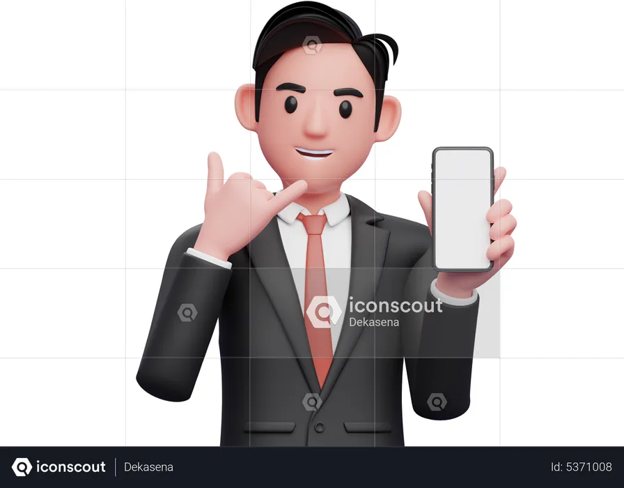 Businessman in black formal suit doing call me sign finger gesture with showing phone  3D Illustration