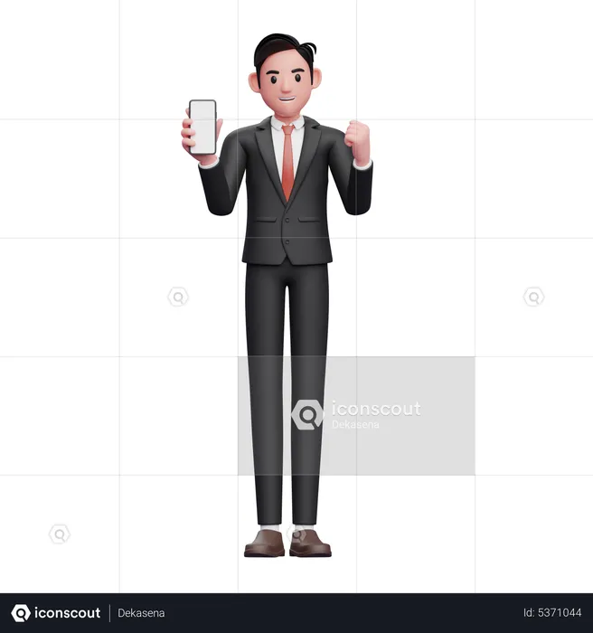 Businessman in black formal suit doing winning gesture with showing phone screen  3D Illustration