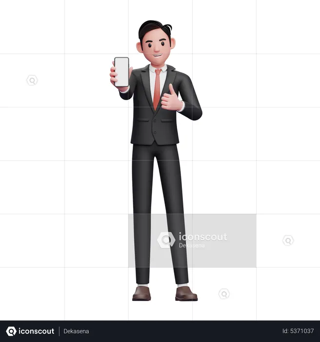 Businessman in black formal suit give thumbs up and showing phone screen  3D Illustration